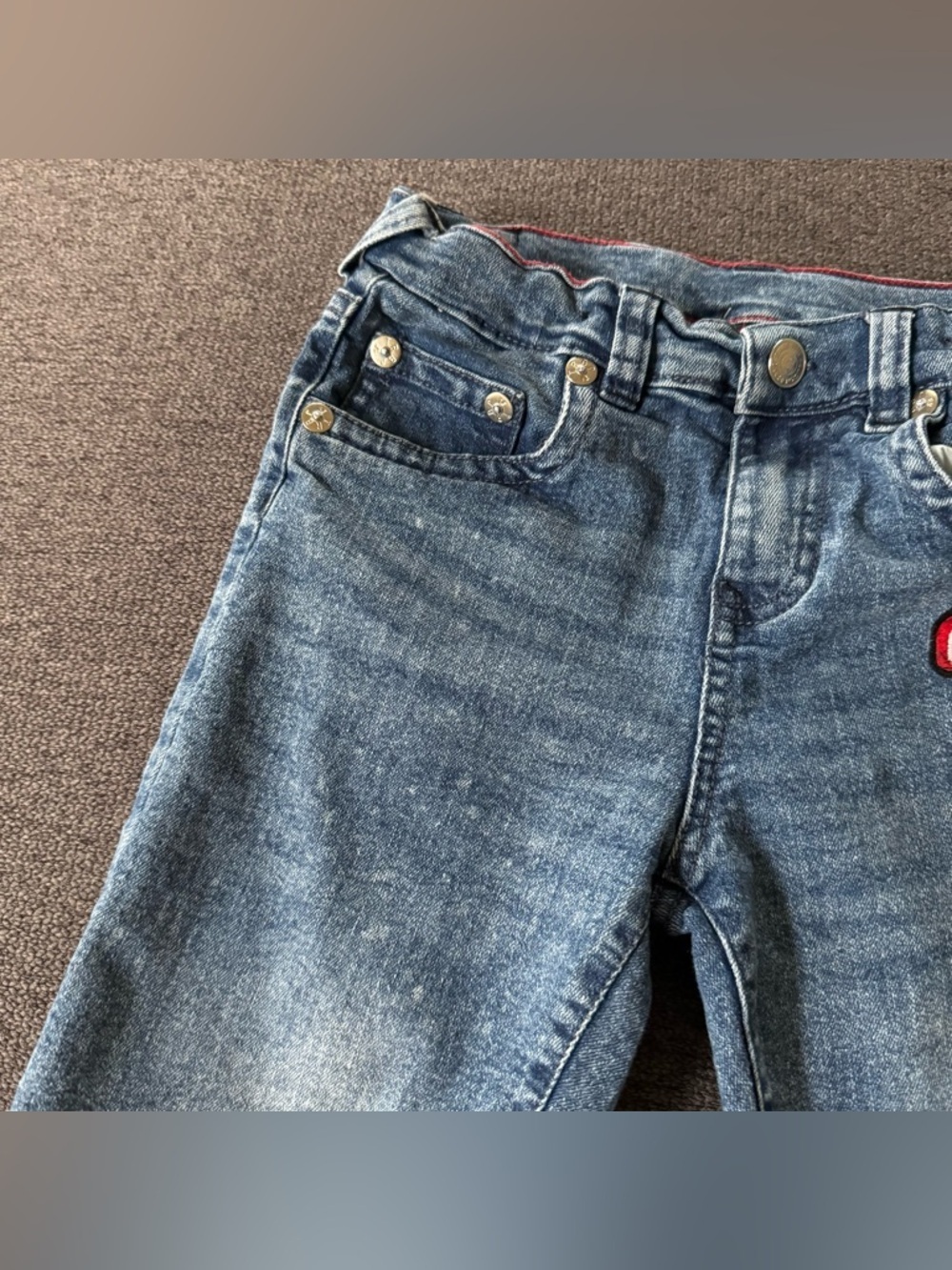 True Religion Blue Denim Jean Shorts Horseshoe Pocket Red TR logo appliqué M 10 - Picture 3 of 11